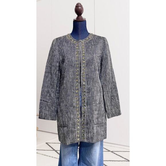 Chico's Jackets & Blazers - CHICO'S Blazer Jacket Duster Topper Coat Tweed‎ Jeweled Hook Metallic Thread